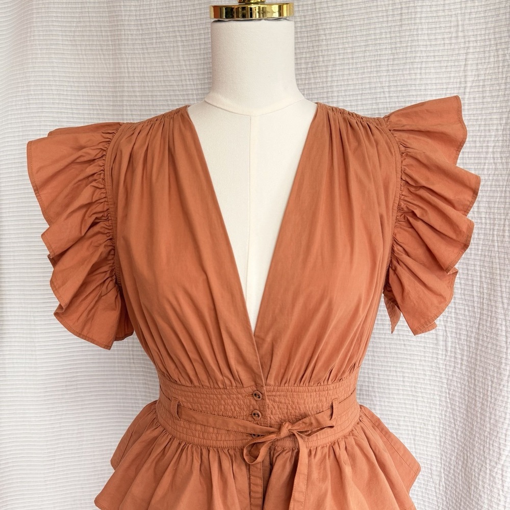 Ulla Johnson Tiered Ruffle Button Down Sena Mini Dress Sz 4 In Clay Terracota - Picture 2 of 14